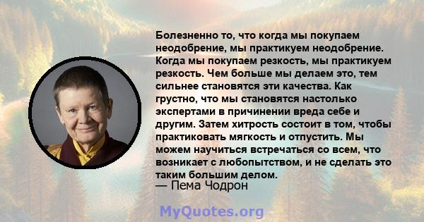 Болезненно то, что когда мы покупаем неодобрение, мы практикуем неодобрение. Когда мы покупаем резкость, мы практикуем резкость. Чем больше мы делаем это, тем сильнее становятся эти качества. Как грустно, что мы