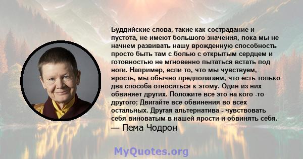 Буддийские слова, такие как сострадание и пустота, не имеют большого значения, пока мы не начнем развивать нашу врожденную способность просто быть там с болью с открытым сердцем и готовностью не мгновенно пытаться