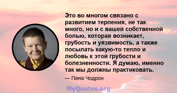 Это во многом связано с развитием терпения, не так много, но и с вашей собственной болью, которая возникает, грубость и уязвимость, а также посылать какую-то тепло и любовь к этой грубости и болезненности. Я думаю,