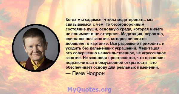 Когда мы садимся, чтобы медитировать, мы связываемся с чем -то безоговорочным - состояние души, основную среду, которая ничего не понимает и не отвергает. Медитация, вероятно, единственное занятие, которое ничего не