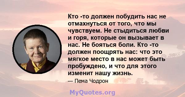 Кто -то должен побудить нас не отмахнуться от того, что мы чувствуем. Не стыдиться любви и горя, которые он вызывает в нас. Не бояться боли. Кто -то должен поощрять нас: что это мягкое место в нас может быть пробуждено, 