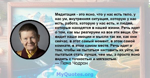 Медитация - это ясно, что у нас есть тело, у нас ум, внутренняя ситуация, которую у нас есть, работа, которую у нас есть, и людей, которые находятся в нашей жизни. Речь идет о том, как мы реагируем на все эти вещи. Он