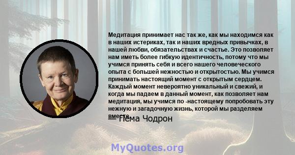 Медитация принимает нас так же, как мы находимся как в наших истериках, так и наших вредных привычках, в нашей любви, обязательствах и счастье. Это позволяет нам иметь более гибкую идентичность, потому что мы учимся