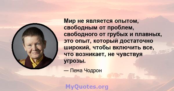 Мир не является опытом, свободным от проблем, свободного от грубых и плавных, это опыт, который достаточно широкий, чтобы включить все, что возникает, не чувствуя угрозы.