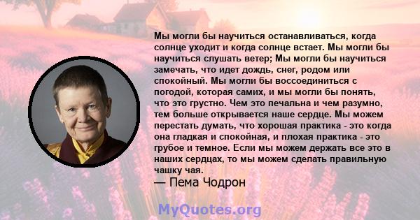 Мы могли бы научиться останавливаться, когда солнце уходит и когда солнце встает. Мы могли бы научиться слушать ветер; Мы могли бы научиться замечать, что идет дождь, снег, родом или спокойный. Мы могли бы