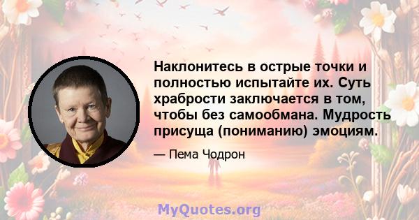 Наклонитесь в острые точки и полностью испытайте их. Суть храбрости заключается в том, чтобы без самообмана. Мудрость присуща (пониманию) эмоциям.