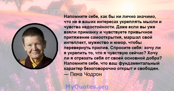 Напомните себе, как бы ни лично значимо, что не в ваших интересах укреплять мысли и чувства недостойности. Даже если вы уже взяли приманку и чувствуете привычное притяжение самооткрытия, маршал свой интеллект, мужество