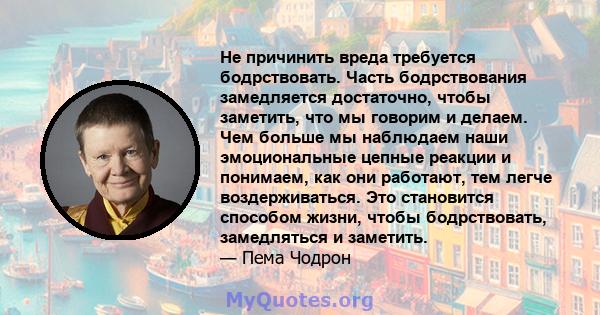 Не причинить вреда требуется бодрствовать. Часть бодрствования замедляется достаточно, чтобы заметить, что мы говорим и делаем. Чем больше мы наблюдаем наши эмоциональные цепные реакции и понимаем, как они работают, тем 