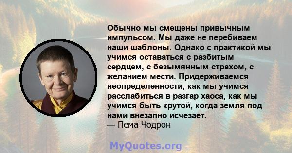 Обычно мы смещены привычным импульсом. Мы даже не перебиваем наши шаблоны. Однако с практикой мы учимся оставаться с разбитым сердцем, с безымянным страхом, с желанием мести. Придерживаемся неопределенности, как мы