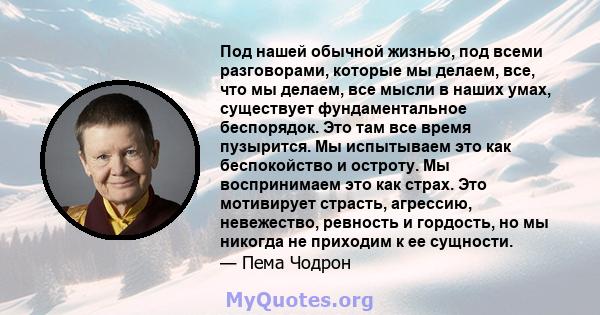 Под нашей обычной жизнью, под всеми разговорами, которые мы делаем, все, что мы делаем, все мысли в наших умах, существует фундаментальное беспорядок. Это там все время пузырится. Мы испытываем это как беспокойство и