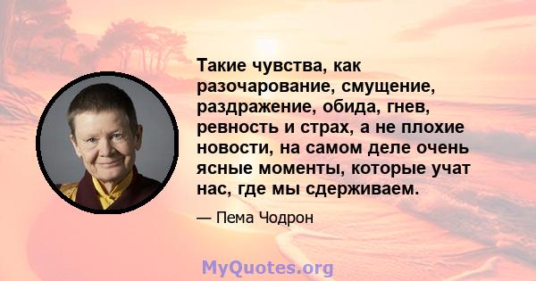 Такие чувства, как разочарование, смущение, раздражение, обида, гнев, ревность и страх, а не плохие новости, на самом деле очень ясные моменты, которые учат нас, где мы сдерживаем.