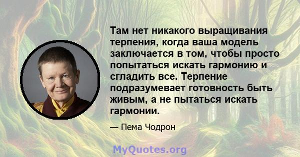 Там нет никакого выращивания терпения, когда ваша модель заключается в том, чтобы просто попытаться искать гармонию и сгладить все. Терпение подразумевает готовность быть живым, а не пытаться искать гармонии.