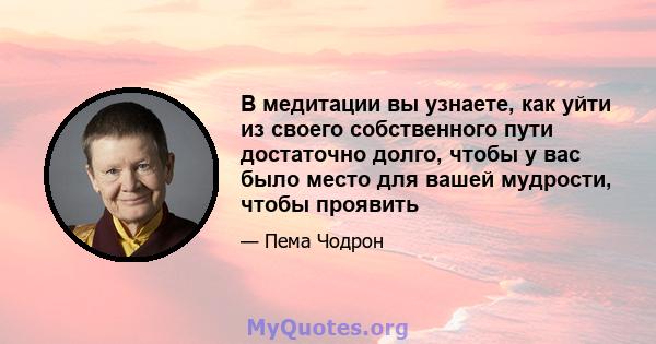 В медитации вы узнаете, как уйти из своего собственного пути достаточно долго, чтобы у вас было место для вашей мудрости, чтобы проявить