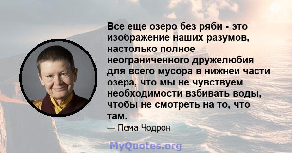 Все еще озеро без ряби - это изображение наших разумов, настолько полное неограниченного дружелюбия для всего мусора в нижней части озера, что мы не чувствуем необходимости взбивать воды, чтобы не смотреть на то, что