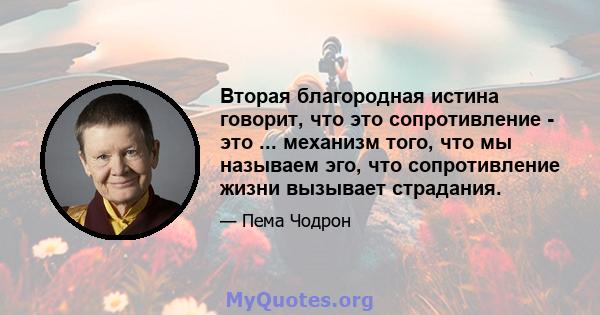 Вторая благородная истина говорит, что это сопротивление - это ... механизм того, что мы называем эго, что сопротивление жизни вызывает страдания.