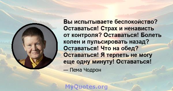 Вы испытываете беспокойство? Оставаться! Страх и ненависть от контроля? Оставаться! Болеть колен и пульсировать назад? Оставаться! Что на обед? Оставаться! Я терпеть не могу еще одну минуту! Оставаться!