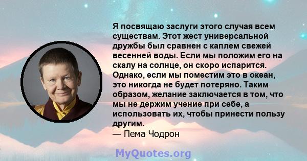 Я посвящаю заслуги этого случая всем существам. Этот жест универсальной дружбы был сравнен с каплем свежей весенней воды. Если мы положим его на скалу на солнце, он скоро испарится. Однако, если мы поместим это в океан, 