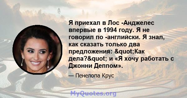 Я приехал в Лос -Анджелес впервые в 1994 году. Я не говорил по -английски. Я знал, как сказать только два предложения: "Как дела?" и «Я хочу работать с Джонни Деппом».