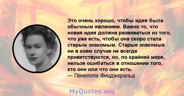 Это очень хорошо, чтобы идея была обычным явлением. Важно то, что новая идея должна развиваться из того, что уже есть, чтобы она скоро стала старым знакомым. Старые знакомые ни в коем случае не всегда приветствуются,