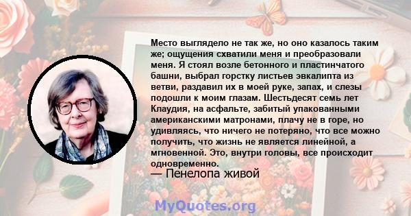 Место выглядело не так же, но оно казалось таким же; ощущения схватили меня и преобразовали меня. Я стоял возле бетонного и пластинчатого башни, выбрал горстку листьев эвкалипта из ветви, раздавил их в моей руке, запах, 