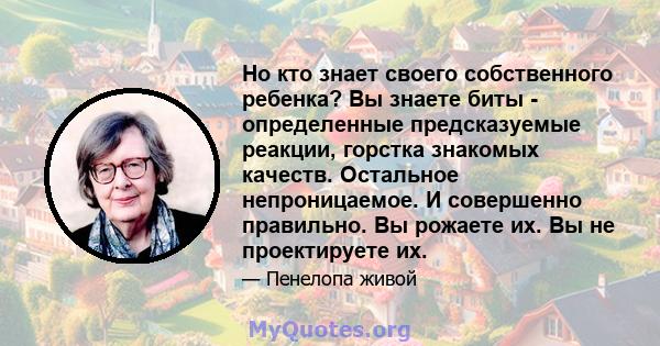 Но кто знает своего собственного ребенка? Вы знаете биты - определенные предсказуемые реакции, горстка знакомых качеств. Остальное непроницаемое. И совершенно правильно. Вы рожаете их. Вы не проектируете их.