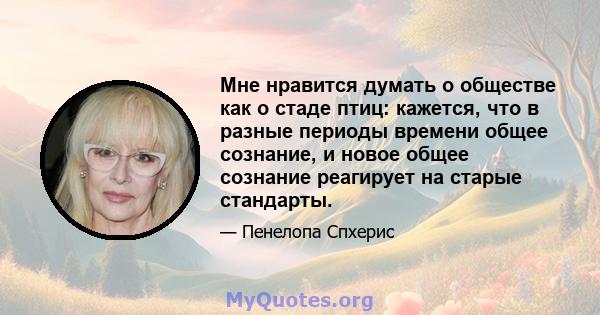 Мне нравится думать о обществе как о стаде птиц: кажется, что в разные периоды времени общее сознание, и новое общее сознание реагирует на старые стандарты.