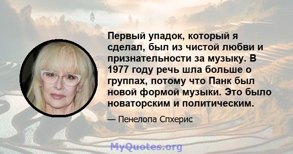 Первый упадок, который я сделал, был из чистой любви и признательности за музыку. В 1977 году речь шла больше о группах, потому что Панк был новой формой музыки. Это было новаторским и политическим.