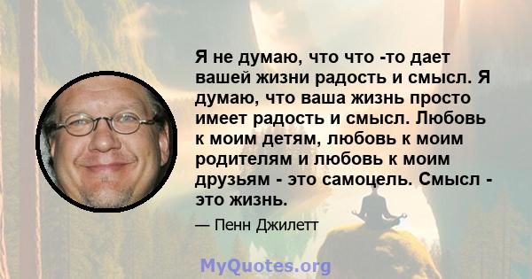 Я не думаю, что что -то дает вашей жизни радость и смысл. Я думаю, что ваша жизнь просто имеет радость и смысл. Любовь к моим детям, любовь к моим родителям и любовь к моим друзьям - это самоцель. Смысл - это жизнь.