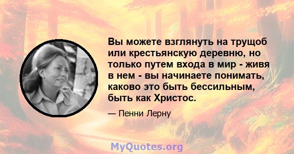 Вы можете взглянуть на трущоб или крестьянскую деревню, но только путем входа в мир - живя в нем - вы начинаете понимать, каково это быть бессильным, быть как Христос.