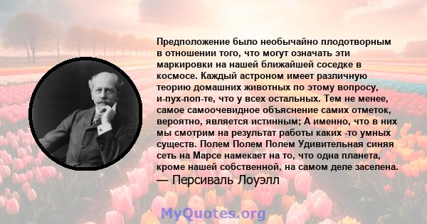 Предположение было необычайно плодотворным в отношении того, что могут означать эти маркировки на нашей ближайшей соседке в космосе. Каждый астроном имеет различную теорию домашних животных по этому вопросу,