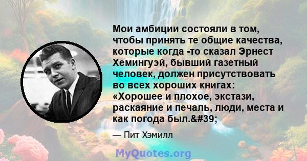 Мои амбиции состояли в том, чтобы принять те общие качества, которые когда -то сказал Эрнест Хемингуэй, бывший газетный человек, должен присутствовать во всех хороших книгах: «Хорошее и плохое, экстази, раскаяние и