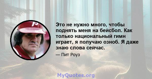 Это не нужно много, чтобы поднять меня на бейсбол. Как только национальный гимн играет, я получаю озноб. Я даже знаю слова сейчас.