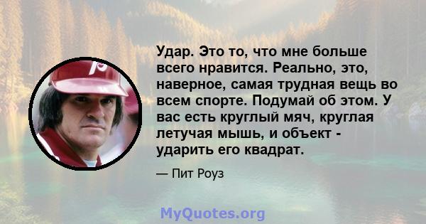 Удар. Это то, что мне больше всего нравится. Реально, это, наверное, самая трудная вещь во всем спорте. Подумай об этом. У вас есть круглый мяч, круглая летучая мышь, и объект - ударить его квадрат.