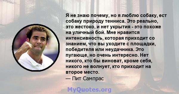 Я не знаю почему, но я люблю собаку, ест собаку природу тенниса. Это реально, это жестоко, и нет укрытия - это похоже на уличный бой. Мне нравится интенсивность, которая приходит со знанием, что вы уходите с площадки,