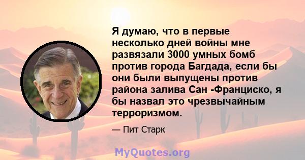 Я думаю, что в первые несколько дней войны мне развязали 3000 умных бомб против города Багдада, если бы они были выпущены против района залива Сан -Франциско, я бы назвал это чрезвычайным терроризмом.