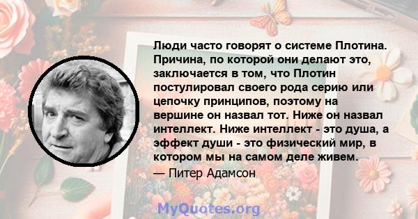 Люди часто говорят о системе Плотина. Причина, по которой они делают это, заключается в том, что Плотин постулировал своего рода серию или цепочку принципов, поэтому на вершине он назвал тот. Ниже он назвал интеллект.