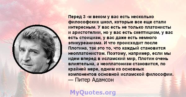 Перед 3 -м веком у вас есть несколько философских школ, которые все еще стали интересным. У вас есть не только платонисты и аристотелии, но у вас есть скептицизм, у вас есть стоицизм, у вас даже есть немного