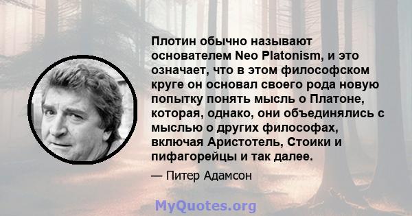 Плотин обычно называют основателем Neo Platonism, и это означает, что в этом философском круге он основал своего рода новую попытку понять мысль о Платоне, которая, однако, они объединялись с мыслью о других философах,