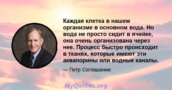 Каждая клетка в нашем организме в основном вода. Но вода не просто сидит в ячейке, она очень организована через нее. Процесс быстро происходит в тканях, которые имеют эти аквапорины или водные каналы.