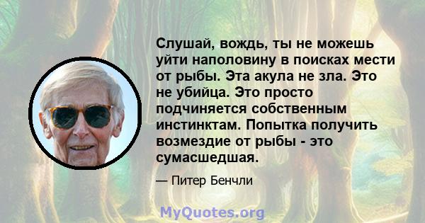 Слушай, вождь, ты не можешь уйти наполовину в поисках мести от рыбы. Эта акула не зла. Это не убийца. Это просто подчиняется собственным инстинктам. Попытка получить возмездие от рыбы - это сумасшедшая.