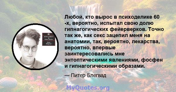 Любой, кто вырос в психоделике 60 -х, вероятно, испытал свою долю гипнагогических фейерверков. Точно так же, как секс зацепил меня на анатомии, так, вероятно, лекарства, вероятно, впервые заинтересовались мне