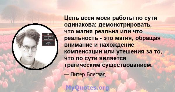 Цель всей моей работы по сути одинакова: демонстрировать, что магия реальна или что реальность - это магия, обращая внимание и нахождение компенсации или утешения за то, что по сути является трагическим существованием.