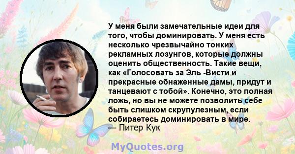 У меня были замечательные идеи для того, чтобы доминировать. У меня есть несколько чрезвычайно тонких рекламных лозунгов, которые должны оценить общественность. Такие вещи, как «Голосовать за Эль -Висти и прекрасные