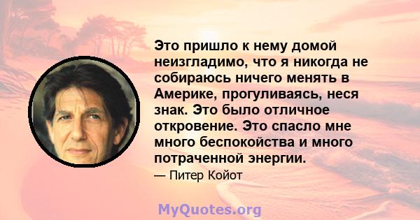 Это пришло к нему домой неизгладимо, что я никогда не собираюсь ничего менять в Америке, прогуливаясь, неся знак. Это было отличное откровение. Это спасло мне много беспокойства и много потраченной энергии.