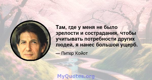 Там, где у меня не было зрелости и сострадания, чтобы учитывать потребности других людей, я нанес большой ущерб.