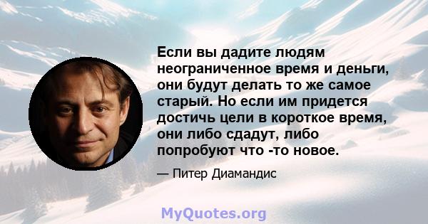 Если вы дадите людям неограниченное время и деньги, они будут делать то же самое старый. Но если им придется достичь цели в короткое время, они либо сдадут, либо попробуют что -то новое.