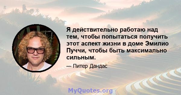 Я действительно работаю над тем, чтобы попытаться получить этот аспект жизни в доме Эмилио Пуччи, чтобы быть максимально сильным.