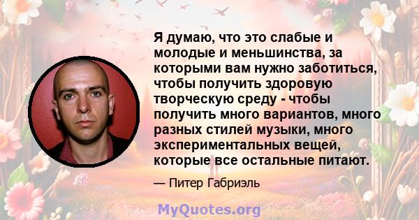 Я думаю, что это слабые и молодые и меньшинства, за которыми вам нужно заботиться, чтобы получить здоровую творческую среду - чтобы получить много вариантов, много разных стилей музыки, много экспериментальных вещей,