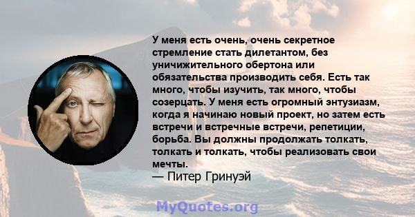 У меня есть очень, очень секретное стремление стать дилетантом, без уничижительного обертона или обязательства производить себя. Есть так много, чтобы изучить, так много, чтобы созерцать. У меня есть огромный энтузиазм, 