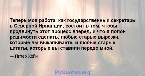 Теперь моя работа, как государственный секретарь в Северной Ирландии, состоит в том, чтобы продвинуть этот процесс вперед, и что я полон решимости сделать, любые старые вырезки, которые вы выкапываете, и любые старые